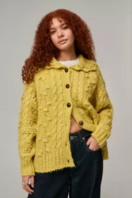 BDG Collar Cable Knit Cardigan - Yellow XS at Urban Outfitters | Urban Outfitters UK