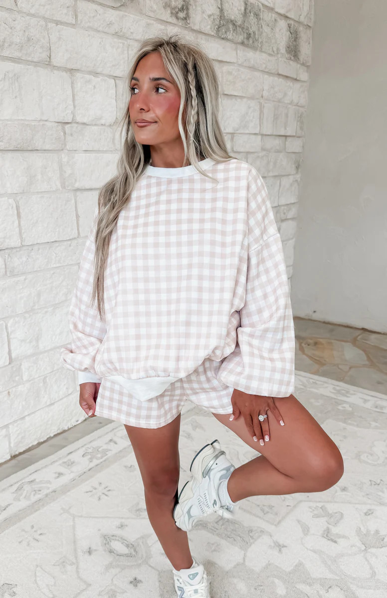 Girls Day Gingham Sweatshirt & Sweat-short Set - Khaki | CK Squared Boutique
