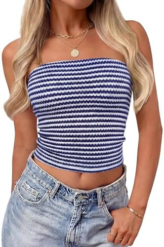 ZESICA Women's Spring Striped Strapless Crop Tube Tops 2026 Summer Knit Bandeau Going Out Shirts ... | Amazon (US)