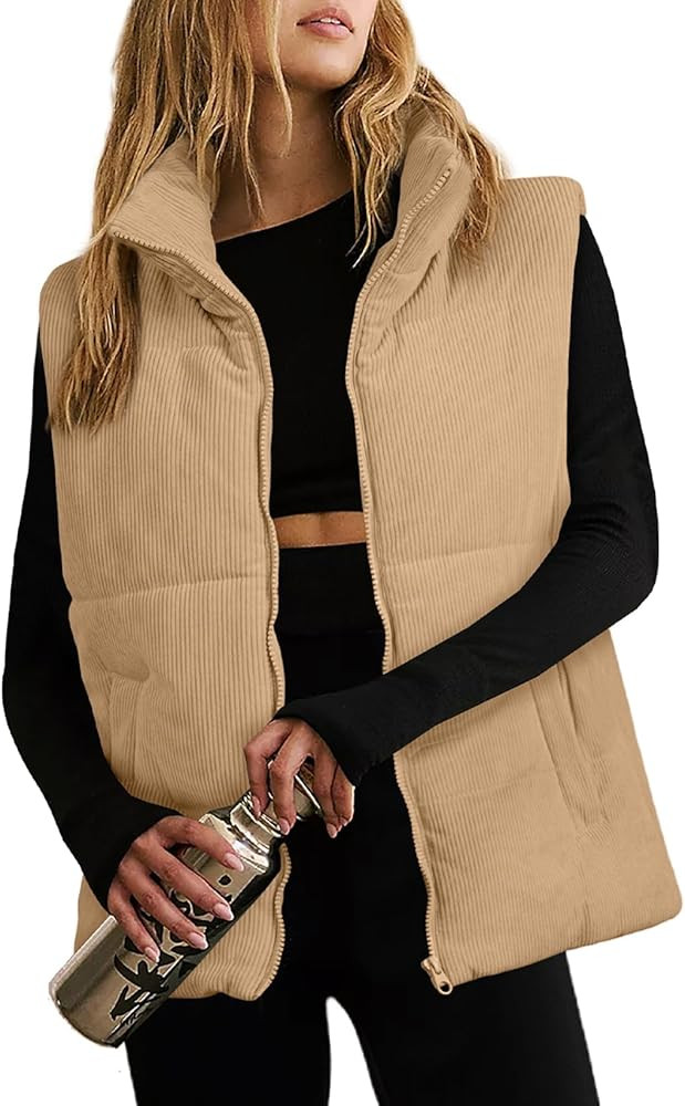EVALESS Corduroy Cropped Puffer Vest for Women Lightweight Stand Collar Sleeveless Jackets Zip Up... | Amazon (US)