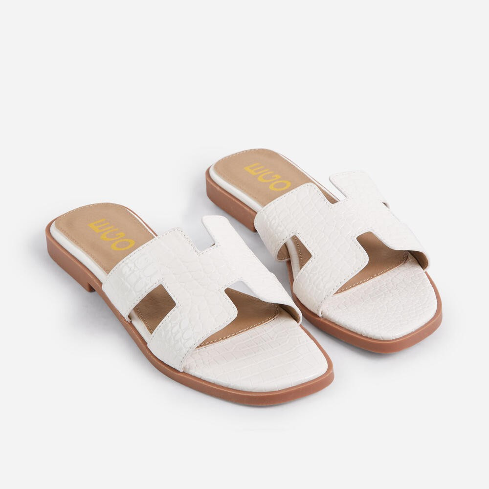 Addison Caged Flat Slider Sandal In White Croc Print Patent | EGO Shoes (US & Canada)