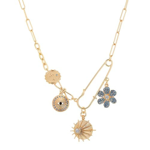 Charm Necklace for Women Safety Pin Necklace 14k Gold Plated Sun Flower Pendent Necklace Chunky Paperclip Chain Hip Hop Necklace Jewelry Gifts | Amazon (US)