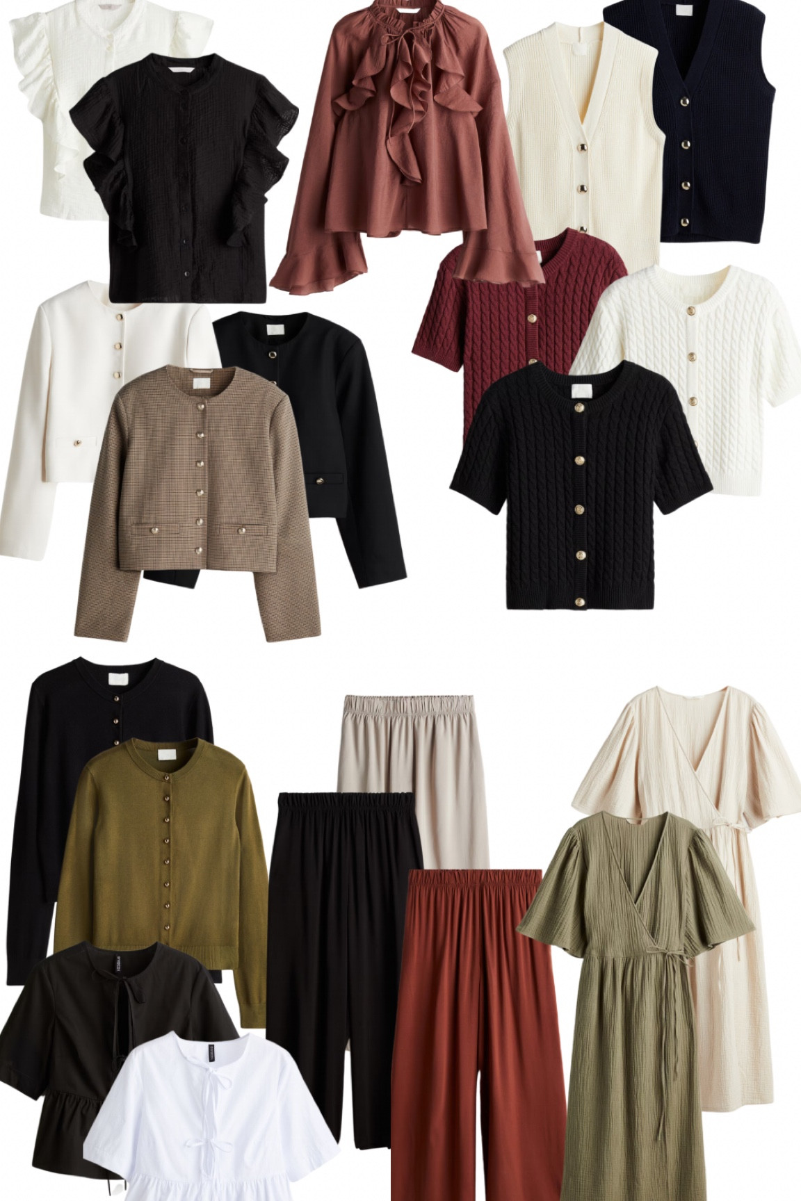 H&m new in, short jackets, structured cardigan, gold buttons, wide leg cropped trousers, casual trousers, tie bow top, frill blouse, neutral fashion, sleeveless vest top, sleeveless cardi, 

#LTKSeasonal #LTKstyletip #LTKfindsunder50