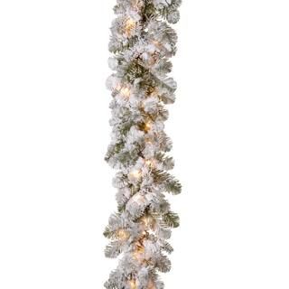 National Tree Company 9 ft. x 12 in. Feel Real Snowy Camden Garland with 50 Clear Lights-PECD3-30... | The Home Depot