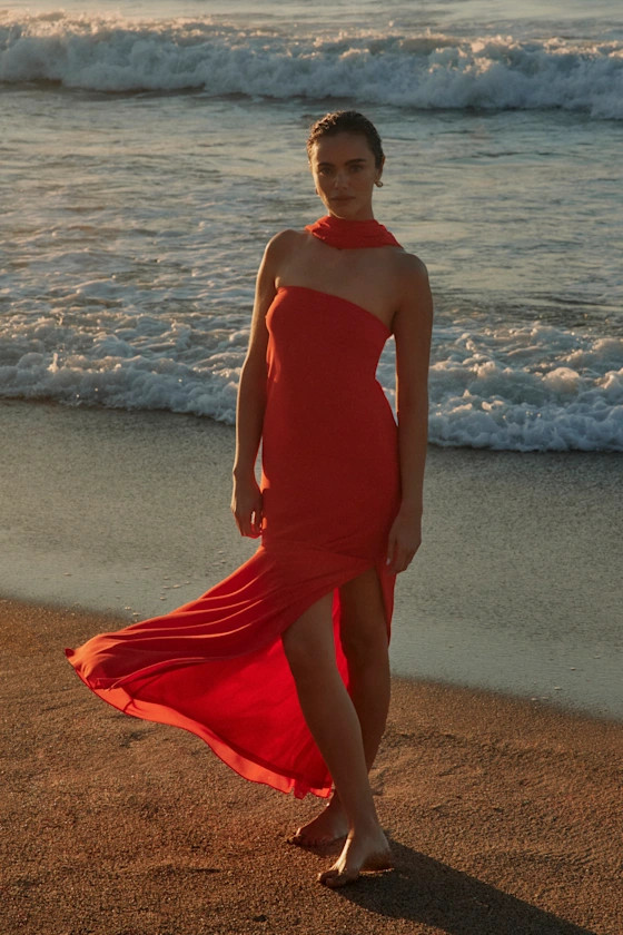 Rawya Red Orange Strapless Maxi Dress and Scarf Set | Lulus