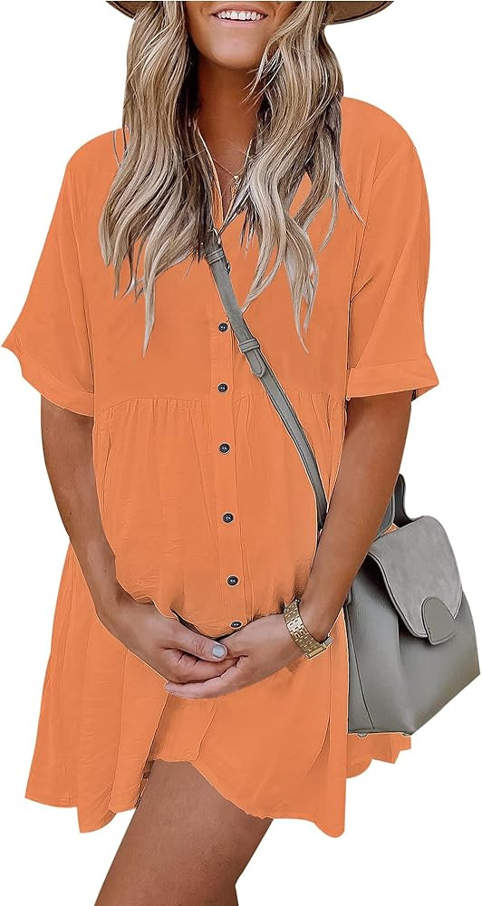 PYGFEMR Women's Short Sleeve Babydoll Dress Button Down Dresses with Pockets | Amazon (US)