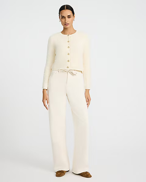 Fuzzy Crew Neck Novelty Button Cardigan | Express