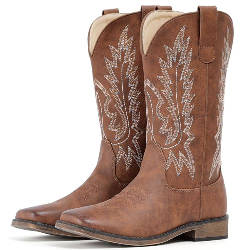 IUV Cowboy Boots For Women Square Toe Western Boots Mid Calf Cowgirl Boots Pull On Embroidered Brown Cowboy Boots | Amazon (US)