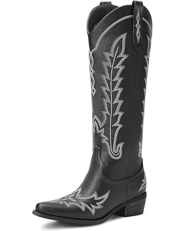 Rivalran Cowboy Boots for Women - Knee High Pointed Toe Chunky Heel Pull On Zipper Western Cowgir... | Amazon (US)