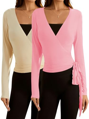 SweatyRocks Women's Pilates Outfits Wrap Tops Ballet Yoga Coquette Shirt Cute Long Sleeve Workout Activewear Apricot and Pink X-Large | Amazon (US)