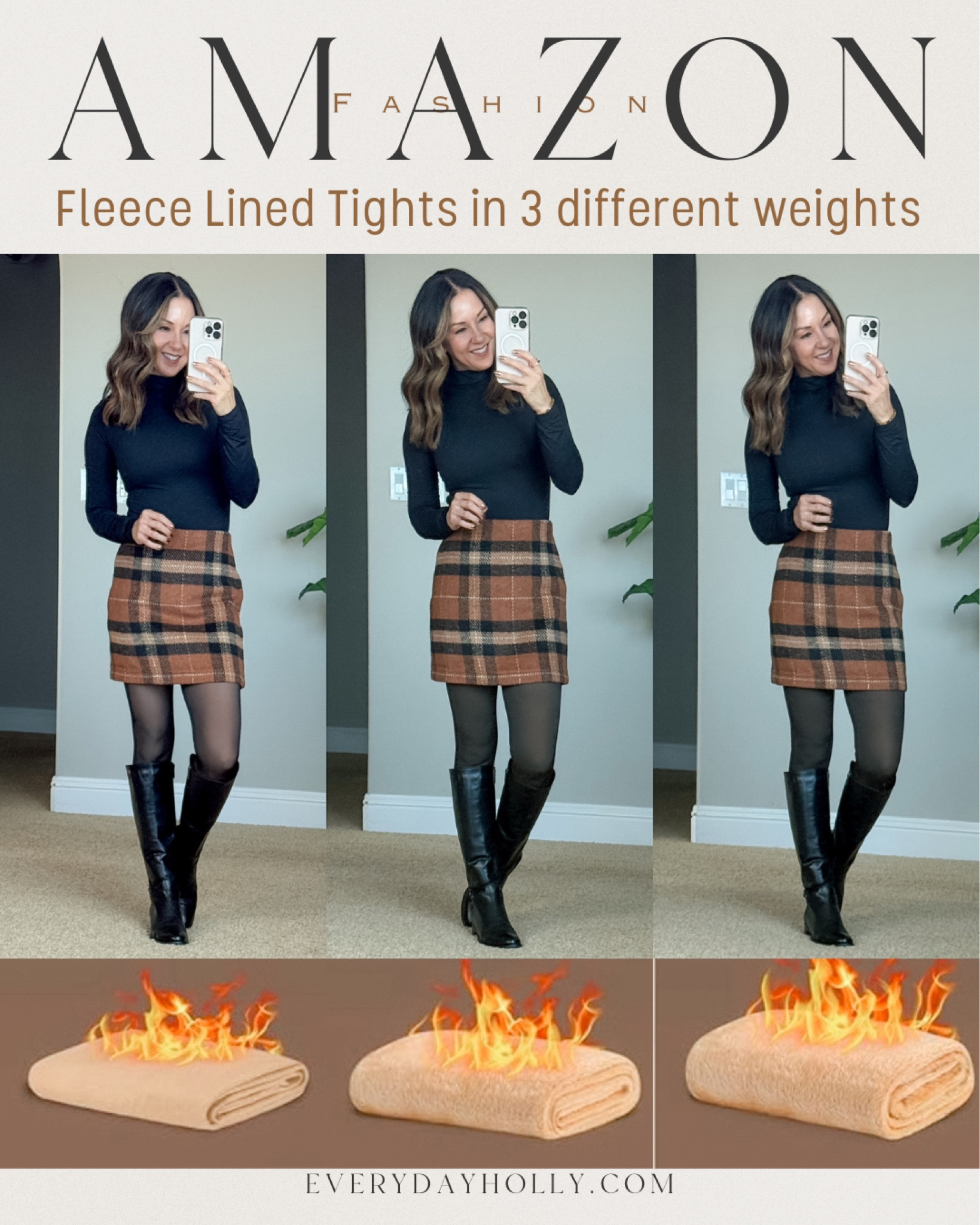 Fleece lined tights in 3 weight options.  wearing size small/medium in black for all 3 weights. For reference: I am 5'1", 109lbs. perfect for cold weather. Love this turtleneck slim fit bodysuit size XS in black.  I linked a similar plaid flannel skirt & boots  

#LTKStyleTip #LTKSeasonal #LTKFindsUnder50