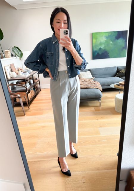 Shop this casual Friday look!Cropped denim shit paired over a white tank, grey trousers, and black pumps!

#summeroutfit
#officeoutfit
#businesscasual
#casualfriday
#summerworkwear


#LTKWorkwear #LTKSeasonal #LTKStyleTip