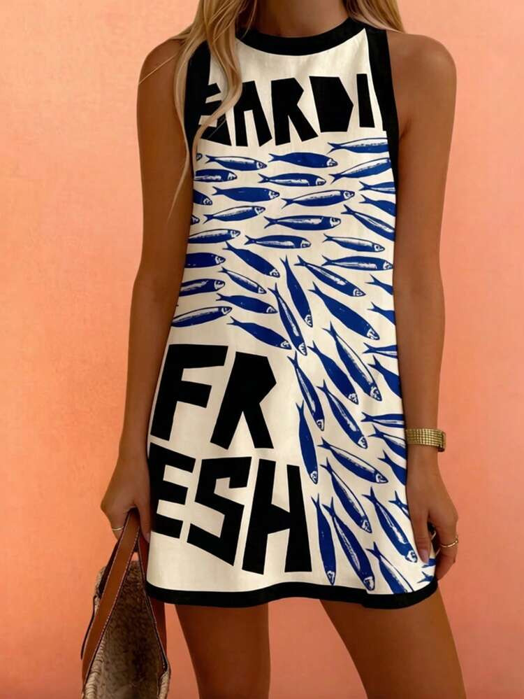 Starfish Boho Style Holiday Outfit, Women's Casual Fashion Vacation Colorblock Letter & Marine Life Print Sleeveless Dress, Brunch Wear Black | SHEIN