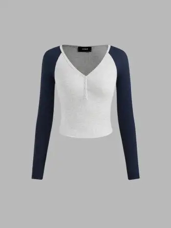 Knit Fabric Solid Rib V-neck Long Sleeve Tee For Daily Casual | Cider