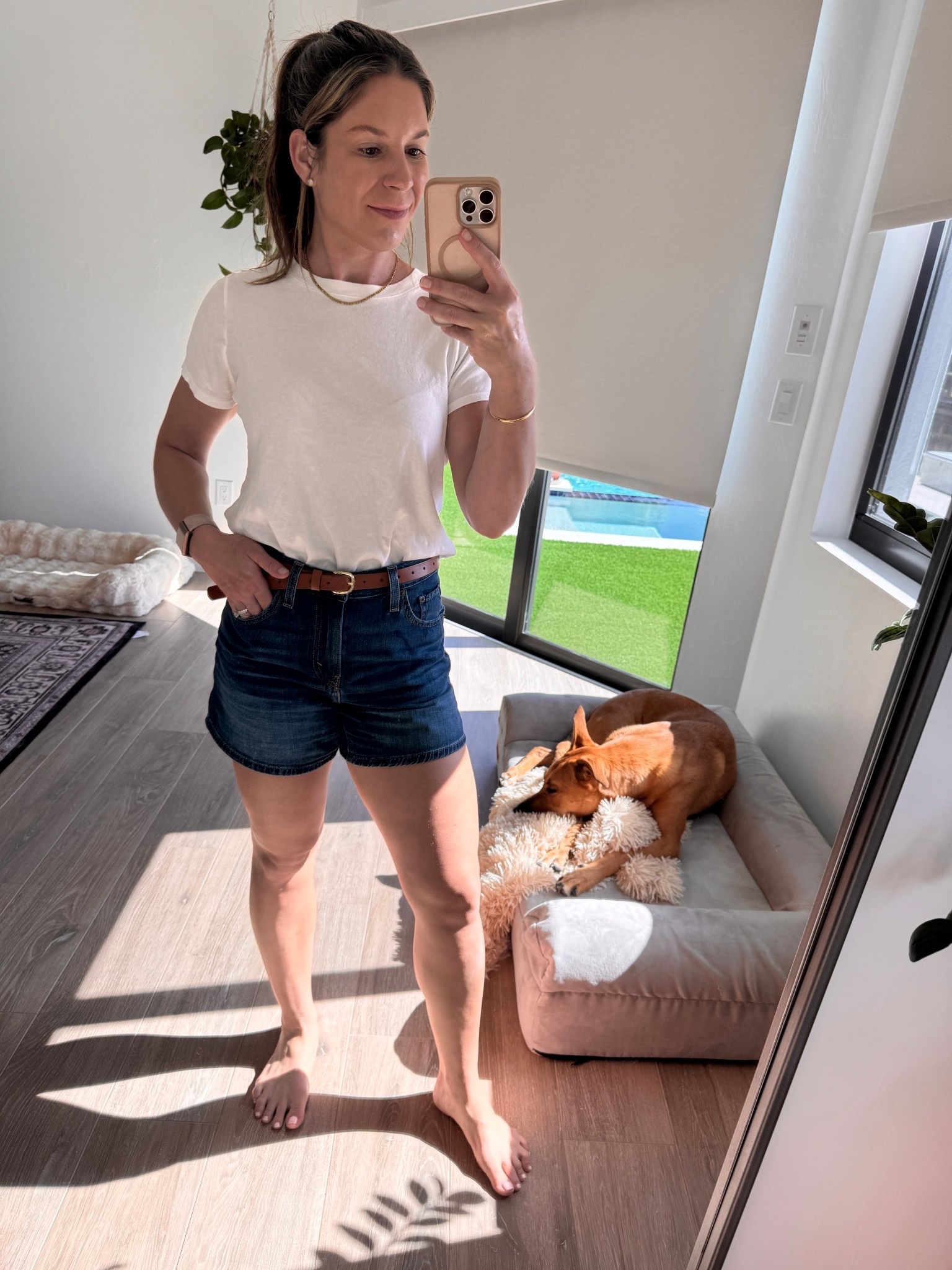 Finally found a pair of denim shorts that’s are light weight and breathable! They don’t ride up and have an adjustable cinch waist - chefs kiss! I’m wearing a size 26  in the color kiss goodbye medium wash  