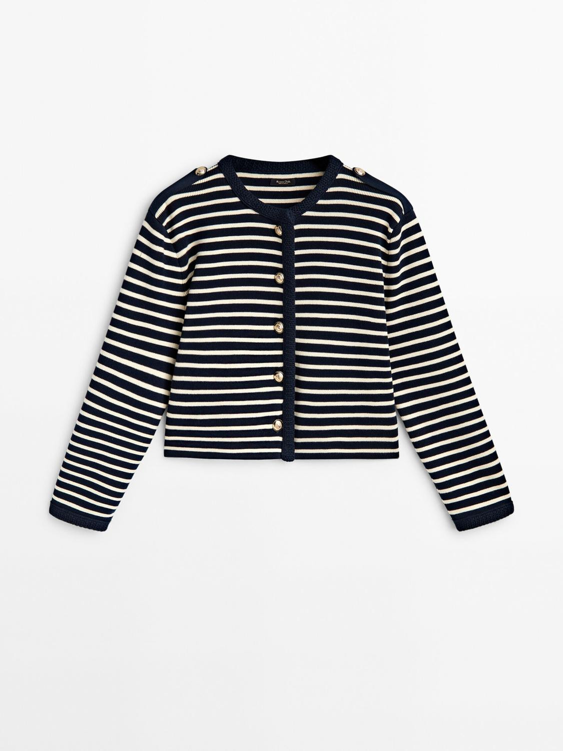 Striped knit cardigan with button detail on shoulder | Massimo Dutti US