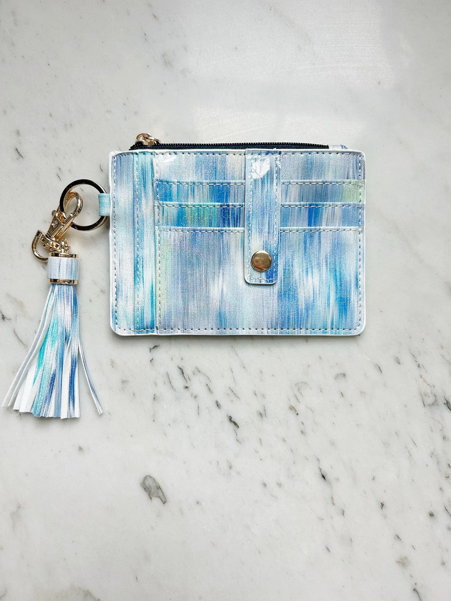 Blue Watercolor Credit Card Holder Wallet Keychain | Lanyard Lovebirds