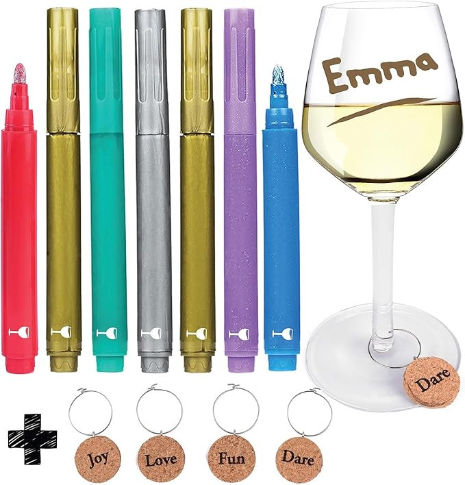 Vaci Markers Wine Glass Markers - 7 Pack | 7 Metallic Color Pens with 4 Wine Glass Charms | Washa... | Amazon (US)