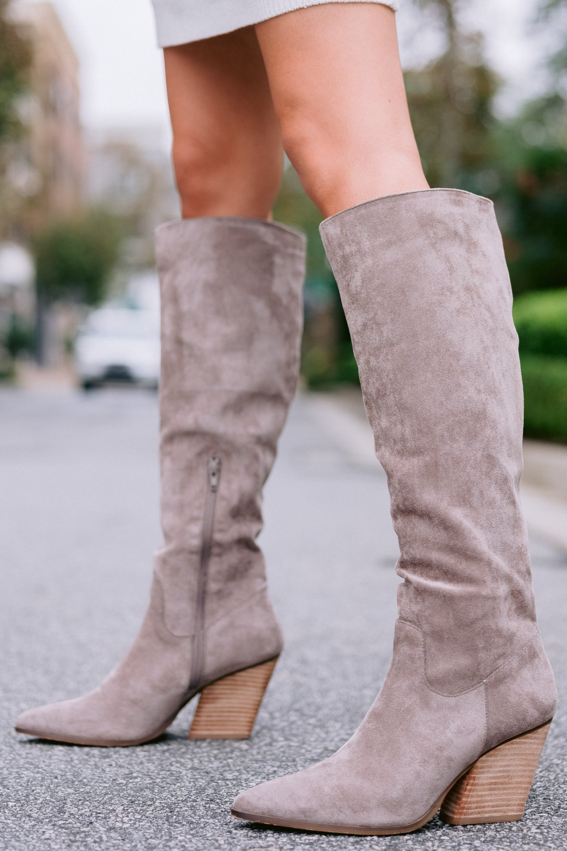 Making Plans With You Light Grey Knee High Boots | Red Dress 