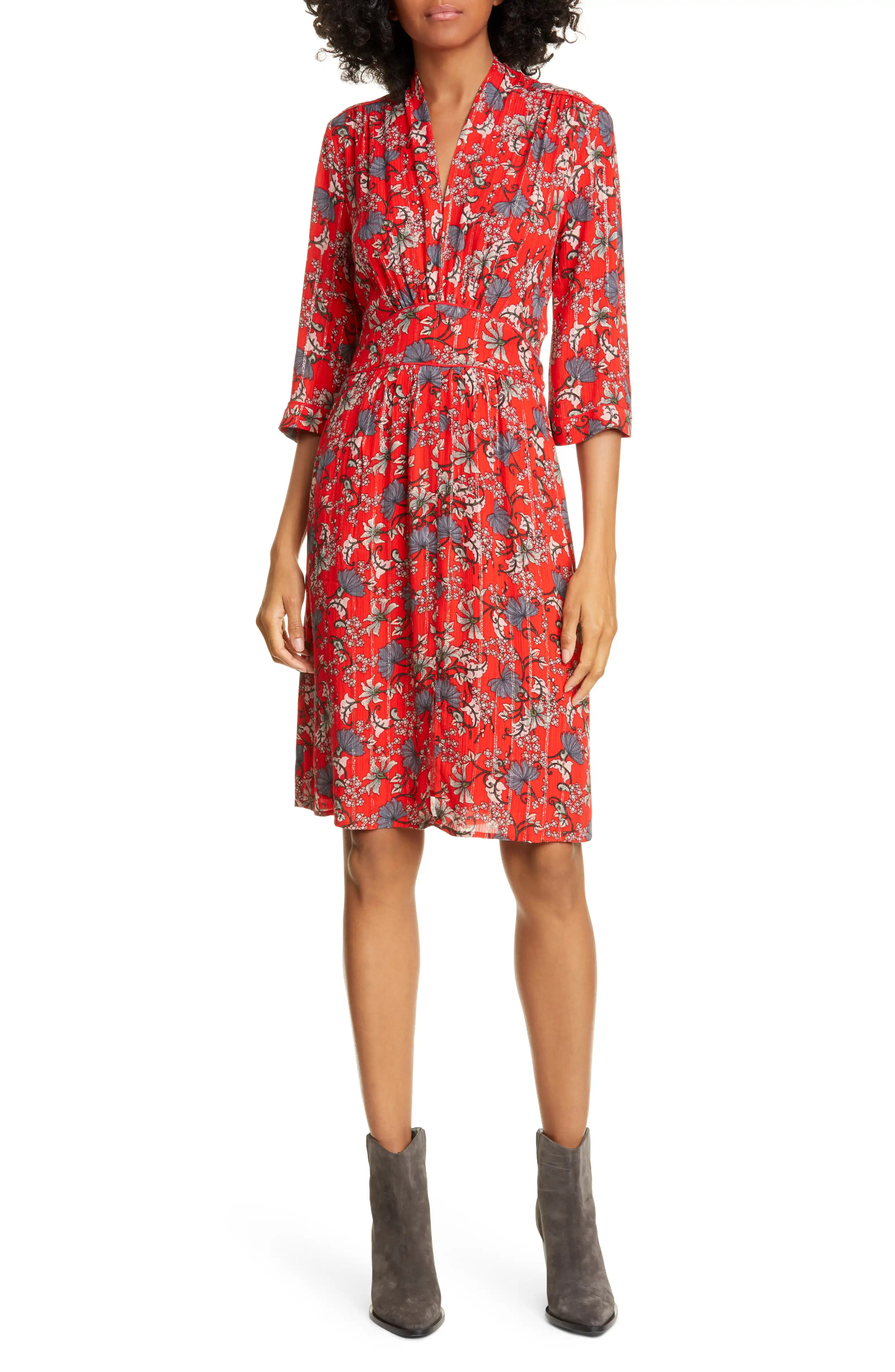 Clotilde Floral Print & Metallic Stripe Dress | Nordstrom