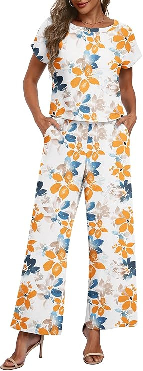 Lepunuo 2 Piece Sets for Women Summer Cap Sleeve Crop Top Wide Leg Pants Matching Lounge Set Vaca... | Amazon (US)