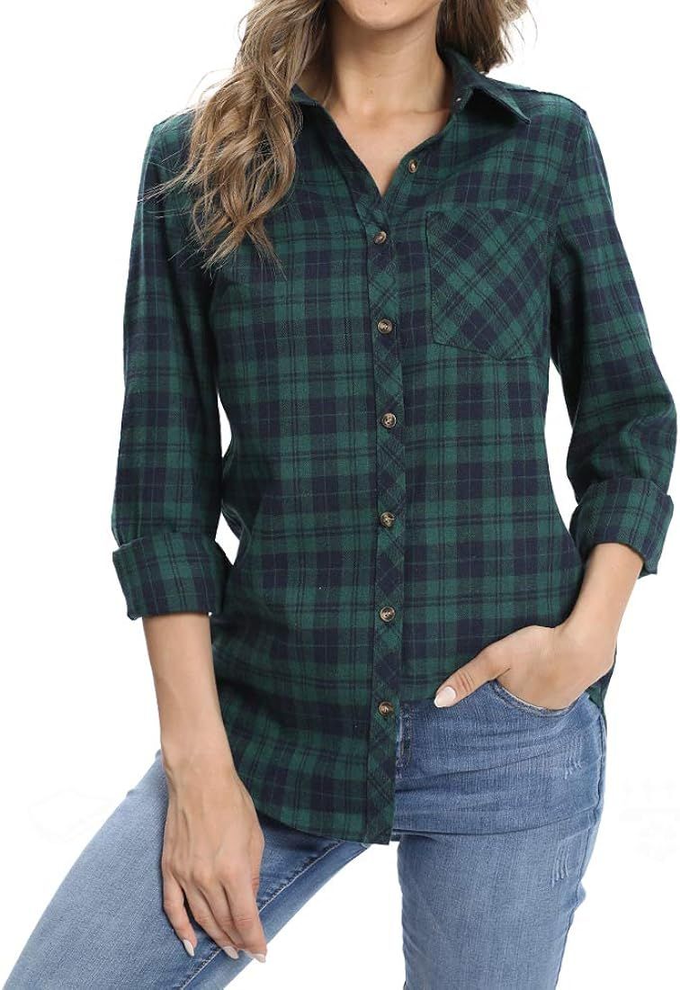 Fuinloth Women's Flannel Button Down Shirt, Plaid Long Sleeve 100% Cotton with Pocket | Amazon (US)