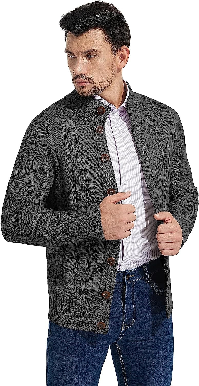 Iceglad Mens Long Sleeve Stand Collar Cardigan Sweaters Button Down Cable Knitted Sweater | Walmart (US)