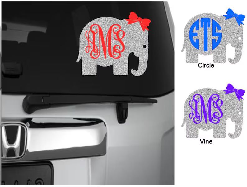 Elephant Monogram with Bow Decal, Glitter Elephant Decal, Personalized Car Decal, Elephant Sticke... | Etsy (US)