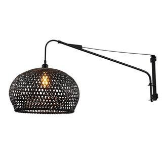 Vienna Plug-in Adjustable Swing Arm Wall Lamp in Matte Black Extendable Arm Rattan Shade | The Home Depot
