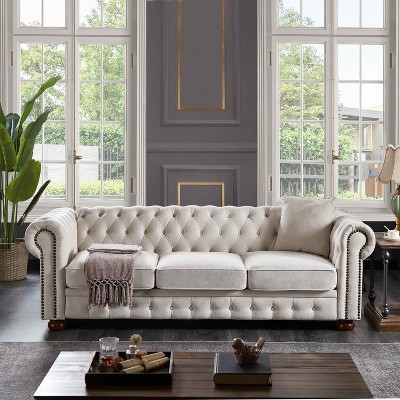 MAYEERTY Solid Wood & Metal Frame Sofa with Line Fabric Bronze Nail Solid Wood Legs for Living Room Office Beige | Target