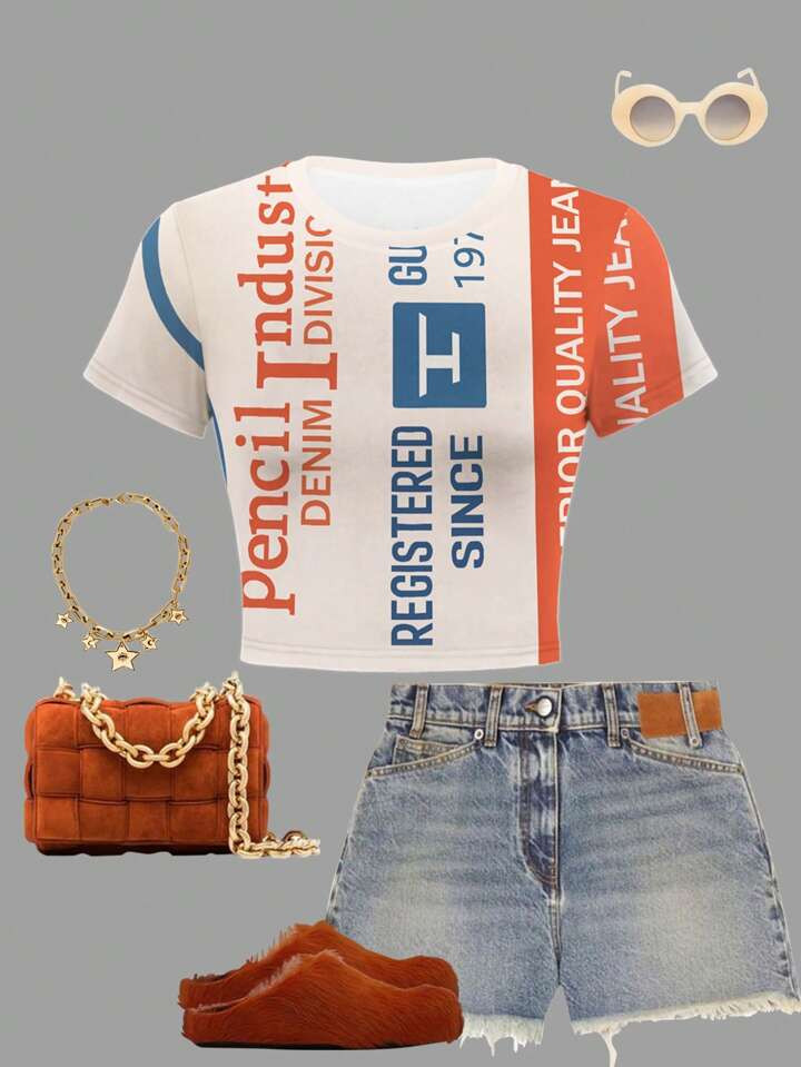 INAWLY Women Letter Print Casual Cropped Tight Fit Short Sleeve T-Shirt | SHEIN