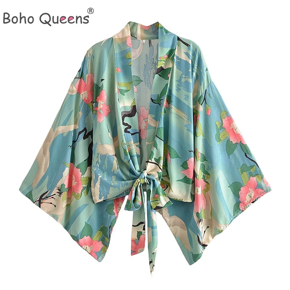 Boho Queens Vintage Crane Print Sashes Short Kimono Women Beach Fashion V Neck Batwing Sleeves La... | AliExpress (US)