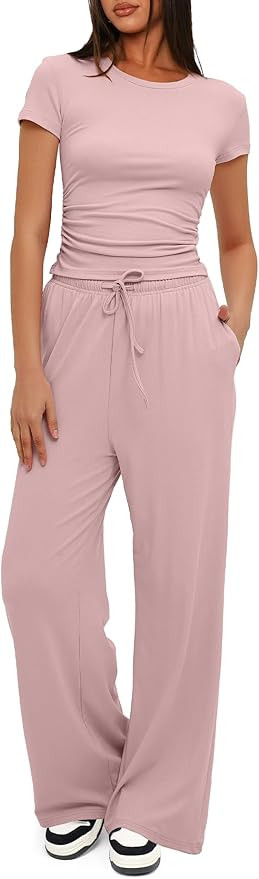 Darong Women's 2 Piece Outfits Lounge Sets Ruched Short Sleeve Tops High Waisted Wide Leg Pants T... | Amazon (US)