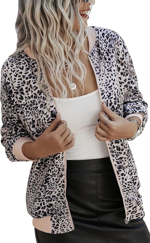 ECOWISH Womens Jackets Lightweight Zip Up Casual Inspired Bomber Jacket Leopard Coat Stand Collar... | Amazon (US)