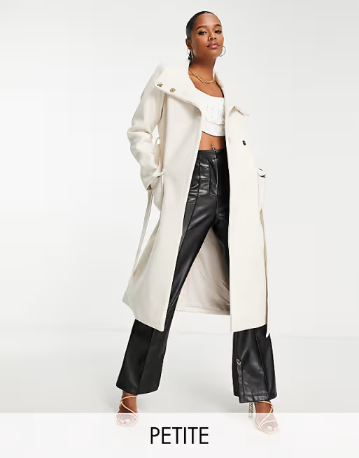 Ever New Petite funnel neck wrap tie dress coat in cream | ASOS (Global)