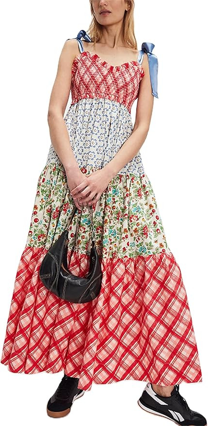 Women Summer Boho Dress Flowy Sundress Floral Printing Sleeveless Tie Shoulder Maxi Dress Y2k Bea... | Amazon (US)