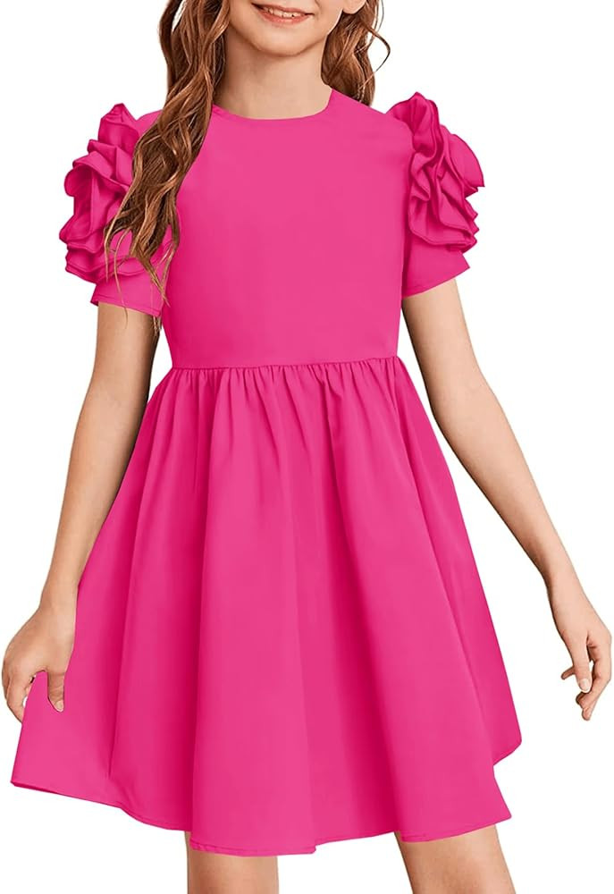 YOVION Girls Summer Dress Elegant Puff Short Sleeve Crew Neck Casual A-line Sundress for 6-13Y | Amazon (US)