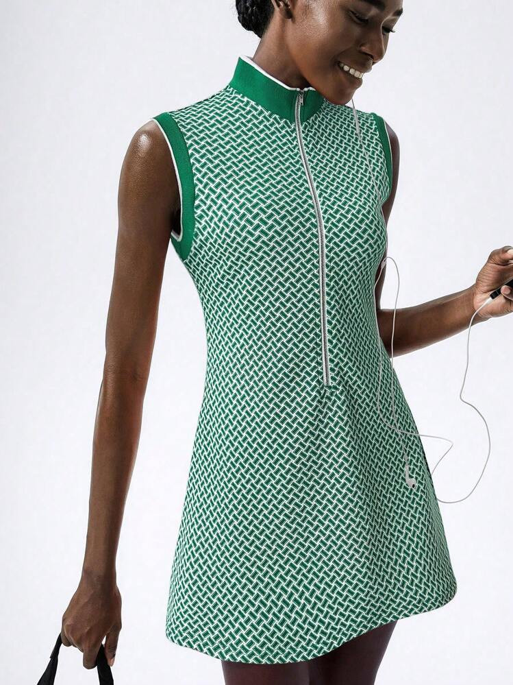 VARSITIE Retro Old Money Jacquard Turtleneck Sleeveless Zipper Slim Mini Dress Women Active Dress... | SHEIN