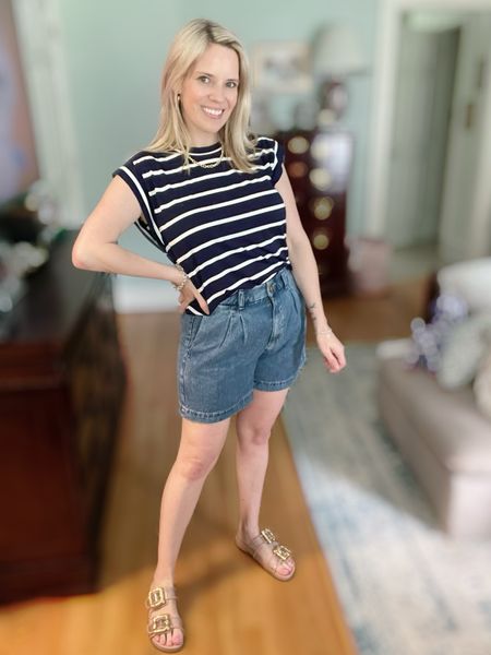 Pleated shorts, striped t-shirt, flat sandals, mom outfit, nautical outfit, classic outfits, preppy mom outfits 

#LTKFindsUnder50 #LTKOver40 #LTKFindsUnder100