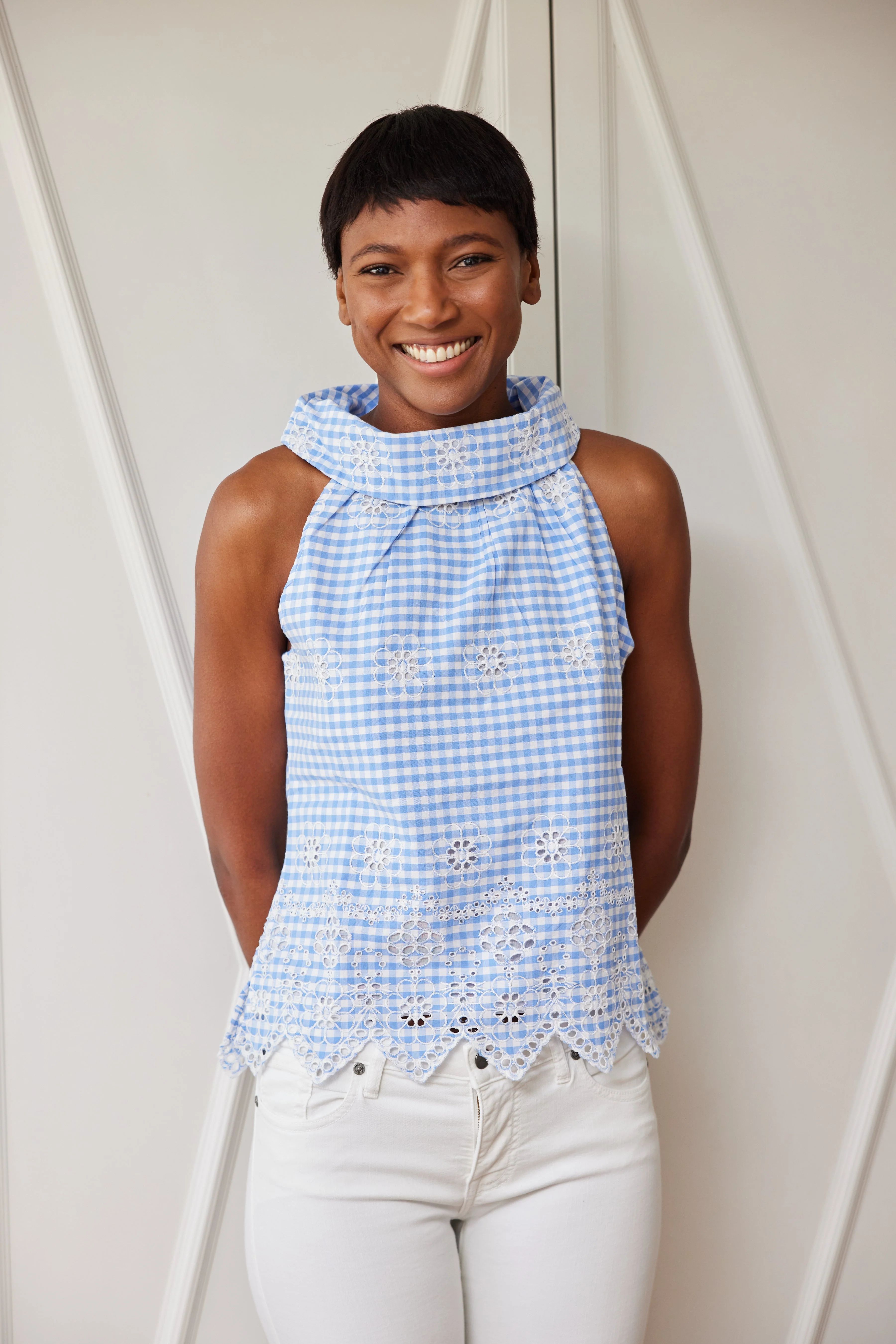 Blue Gingham Cowl Neck Top | Sail to Sable