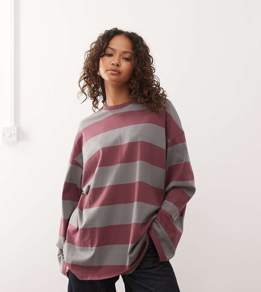 Weekday oversized long sleeve T-shirt in gray & burgundy stripe - Exclusive to ASOS-Red | ASOS (Global)