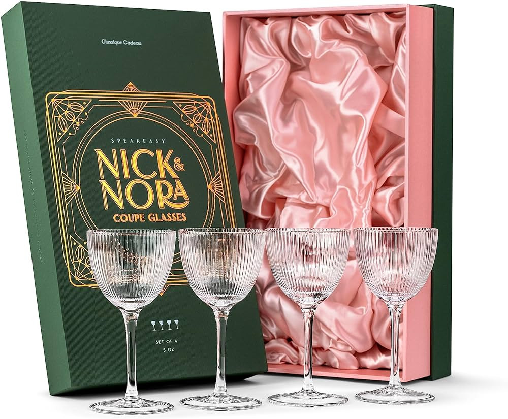 Vintage Art Deco Nick and Nora Coupe Glasses | Set of 4 | 5 oz Crystal Ribbed Cocktail Glassware ... | Amazon (US)