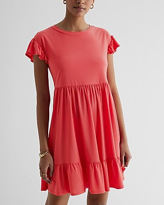 Express Women's Crew Neck Ruffle Mini Babydoll Dress in Pink Medium | Express
