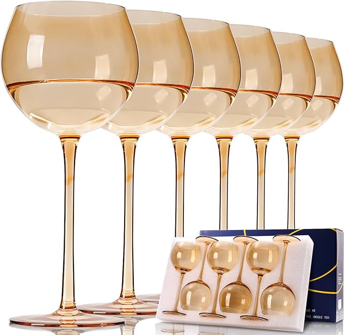 Pale Brown Wine Glasses Set 6-15oz Amber Crystal Glassware with Stem-Hand Blown Amber Stemware fo... | Amazon (US)