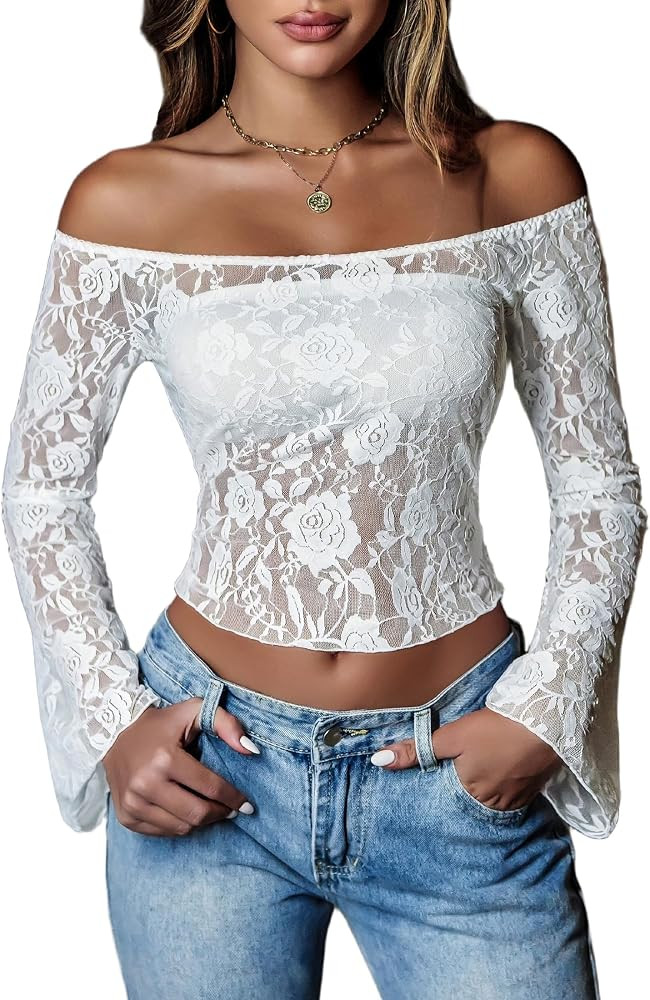 Avidlove Lace Long Sleeve Tops for Women Y2k Off The Shoulder Tops Sexy Sheer Bell Sleeve Going O... | Amazon (US)