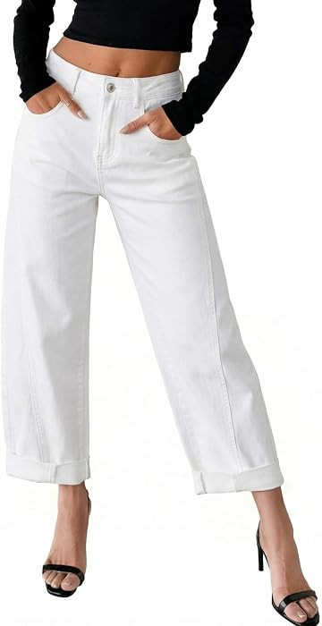 Sidefeel Barrel Jeans for Women High Waisted Wide Leg Baggy Stretchy Trendy Raw Rolled Hem Capri ... | Amazon (US)