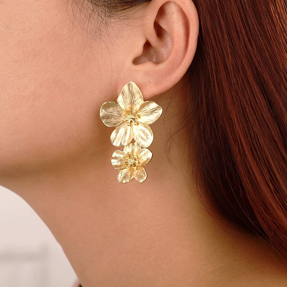 Gold Large Double Flower Earrings for Women Boho Statement Flower Earrings Bohemian Gold Elegant ... | Amazon (US)