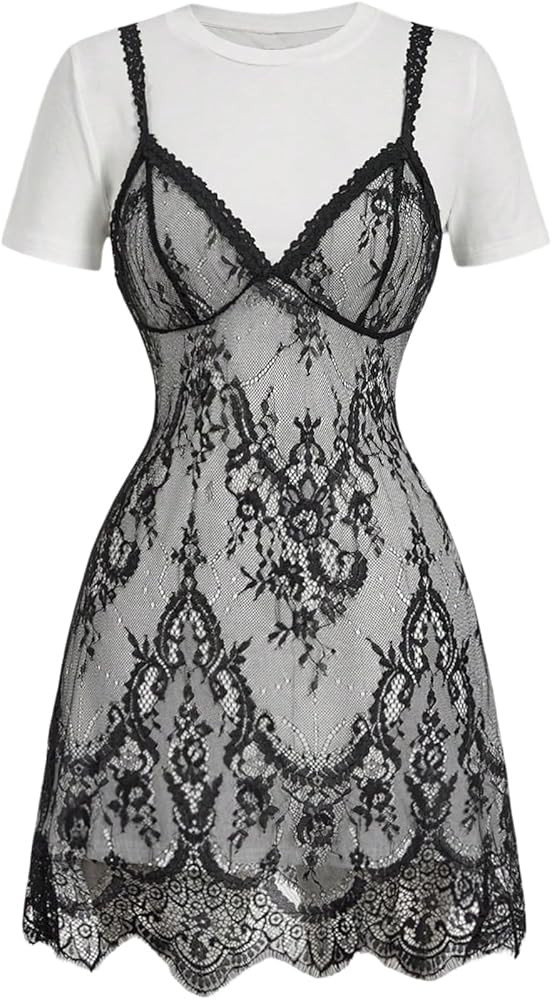 BEAUDRM Women's Elegant Lace Short Dress A Line Sexy 2 in 1 Y2k Going Out Dress Date Night Outfit... | Amazon (US)