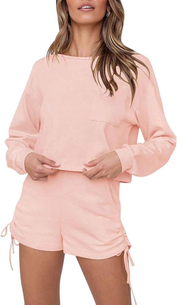 Women's Short Pajamas Set Long Sleeve Tops and Shorts PJ Set Casual 2 Piece Sleepwear Loungewear ... | Amazon (US)