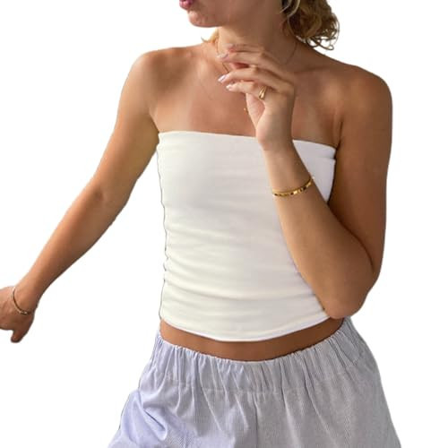 Women Y2k Striped Tube Top Sleeveless Strapless Bandeau Tube Top Summer Cute Going Out Tops Aesthetic Clothes Beige White | Amazon (US)
